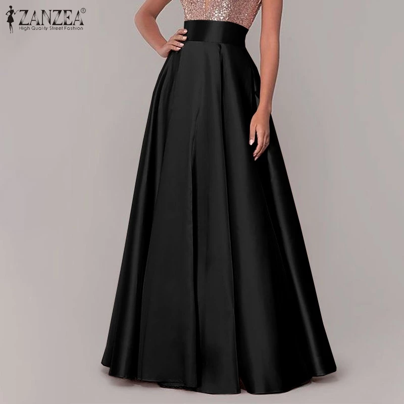 High Waist A-line Satin Party Prom Pleated Maxi Skirt