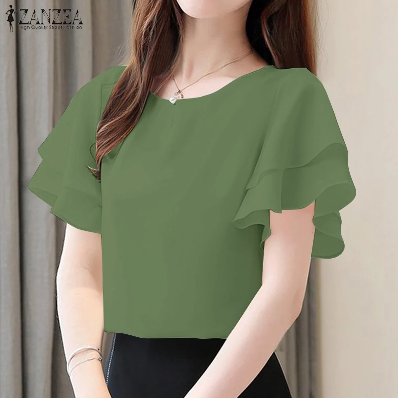  O-Neck Button Double Layer Ruffle Short Sleeve Blouses